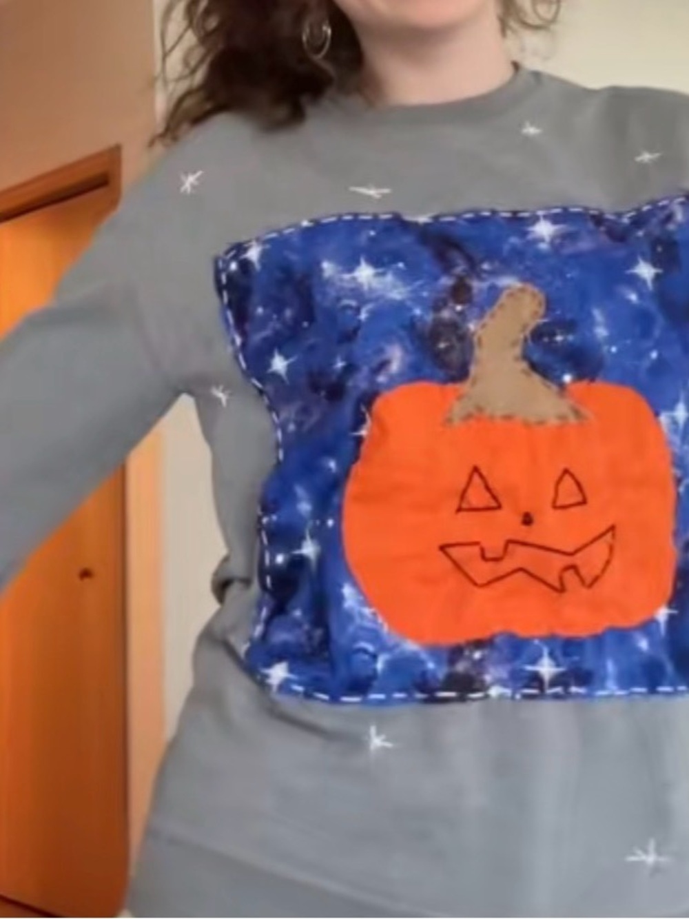 Gray Women's Halloween Sweatshirt with Orange Pumpkin Patch